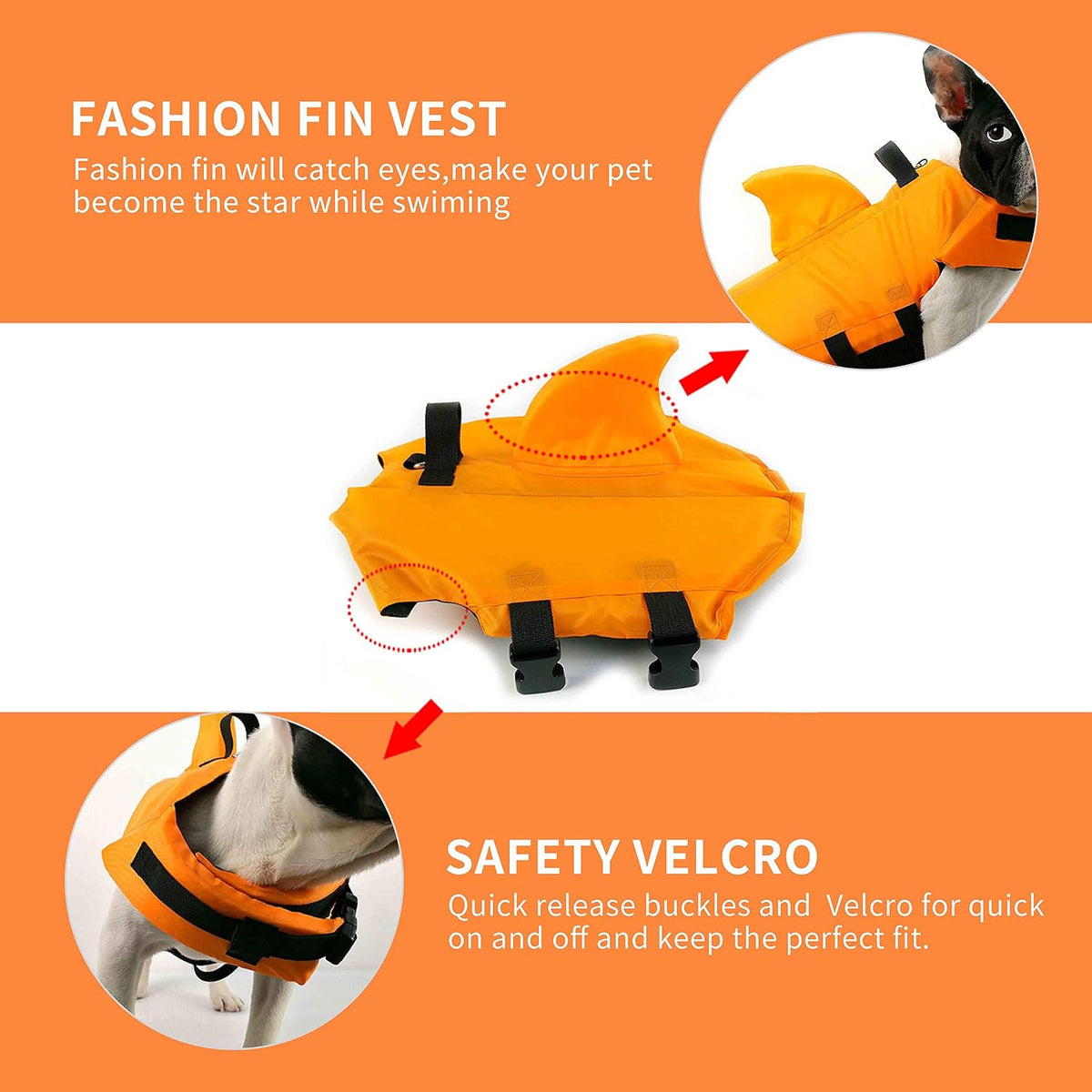 Snik-S Dog Life Jacket- Preserver with Adjustable Belt, Pet Swimming Shark Jacket for Short Nose Dog Upgrade Version (Pug,Bulldog,Poodle,Bull Terrier,Samoyed,Alaskan Malamute) (XS, Orange)