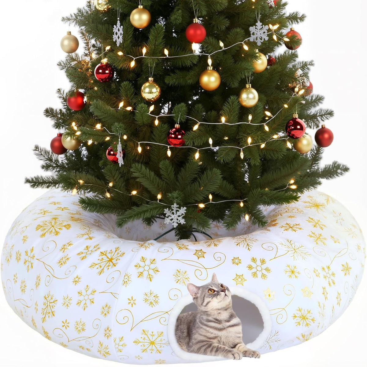 Christmas Tree Cat Donut Tunnel Bed Toy, Red,White