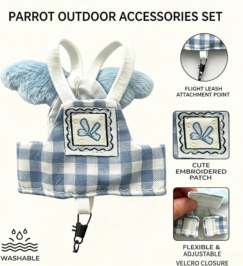Dual-Use Bird Harness & Bungee Leash Set w/Wings, 3 Rings, Blue, Size S