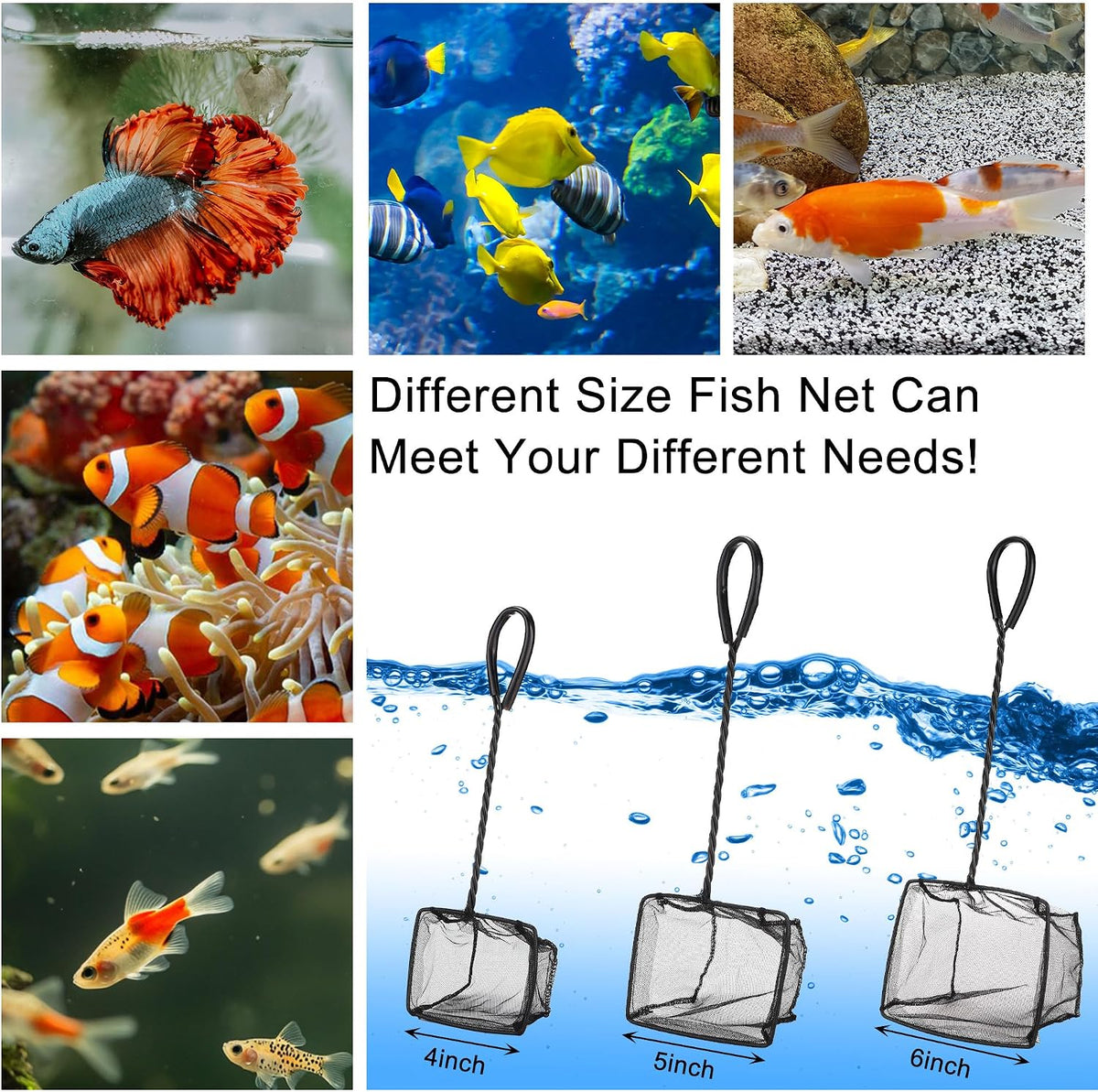 3 Aquarium Fish Net Fine Mesh Quick Catch Skimmer 4/5/6 Inch Black