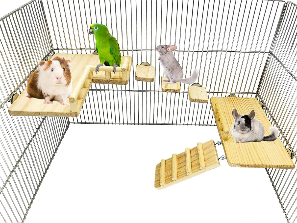 Wooden Platform with Ladder, Pet Activity Structure, Bird, Chinchilla, Guinea Pig, Hamster, Rat Cage Accessories