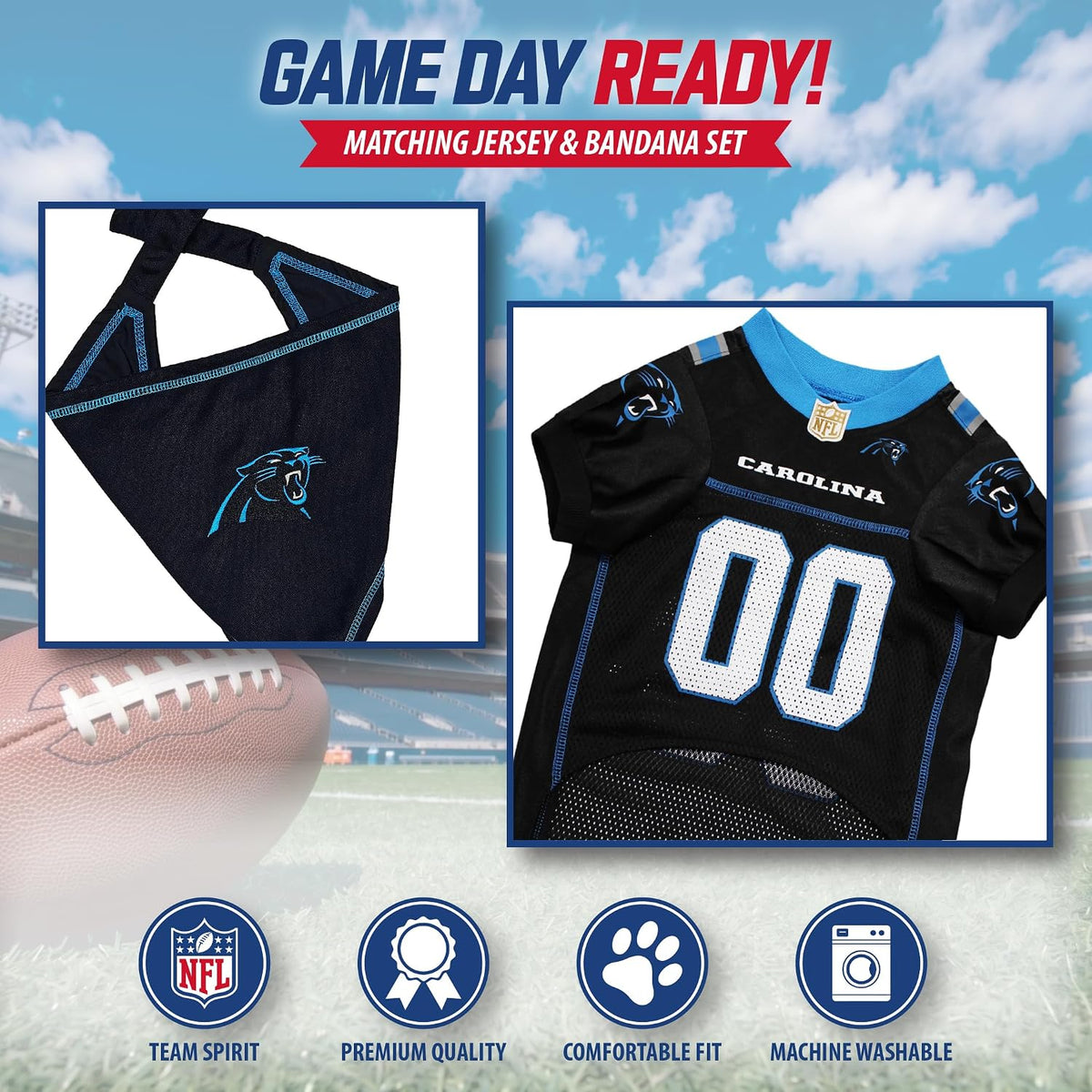 Pets First NFL Carolina Panthers Dog Jersey with Coordinated Tie Bandana Included, Size XX-Large Official NFL Pet Apparel, Breathable Mesh, Durable, Team Logo Design, Dog Sports T-Shirt