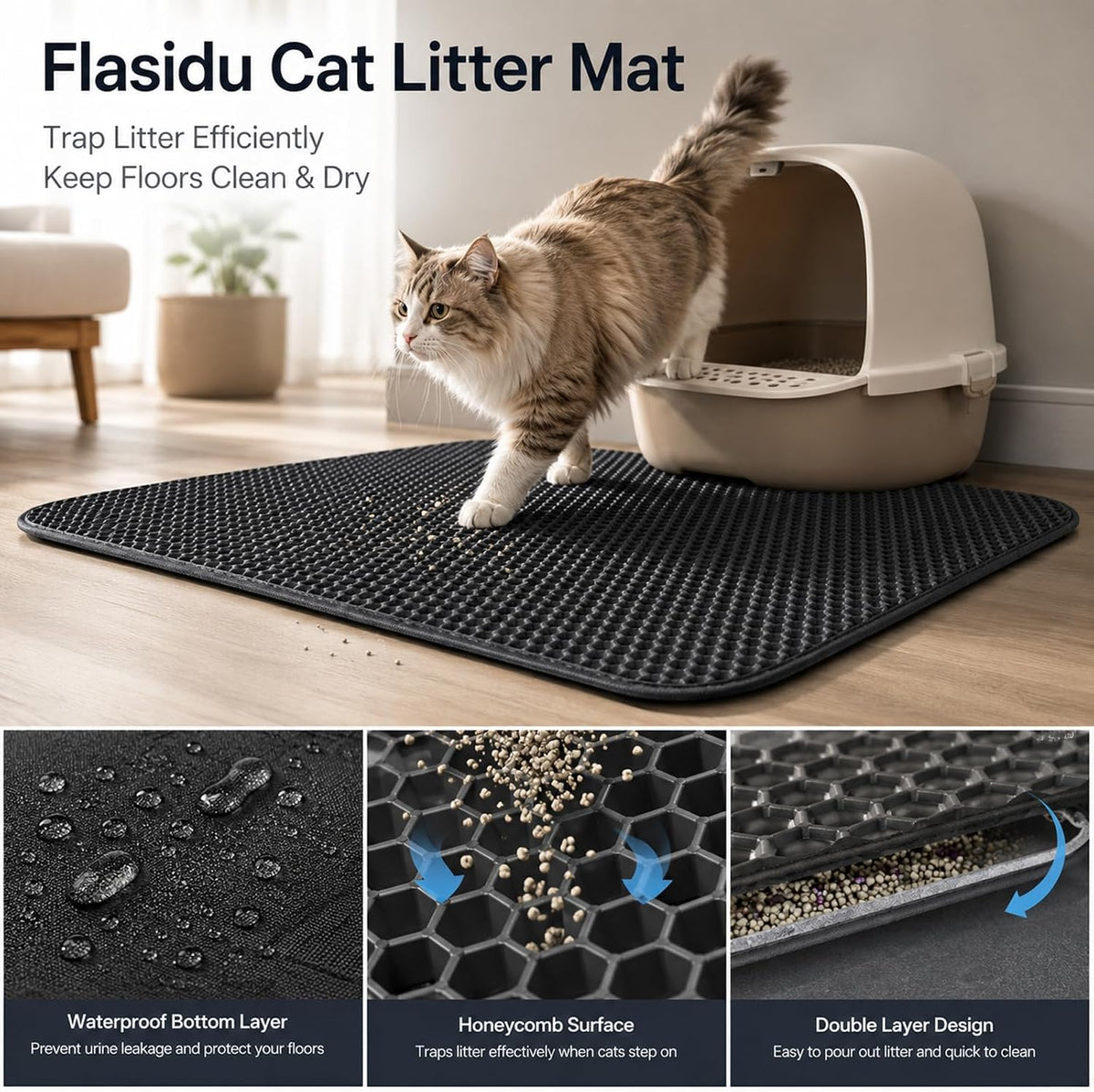 Cat Litter Box Mat,Double-Layer Honeycomb Litter Trap 30"x22" Blakc