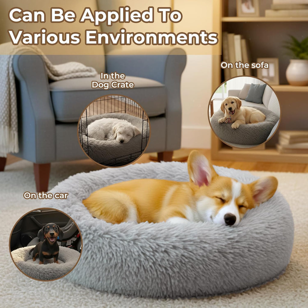 Calming Donut Dog Bed for Small Dogs, Anti-Anxiety Round Washable Plush Fluffy Faux Fur Large Cat Bed, 24 inches Fits up to 25 lbs Pets, Anti-Slip Waterproof Mute Base Gray