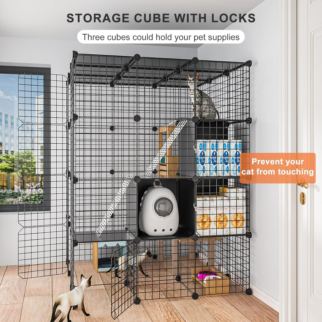 PAWING Large Cat Cage Indoor - Metal Wire Cat Enclosure with Storage Cube, Detachable Kitty Cage with Platform for 1-3 Cats, 3x3x4 Spacious Cat Kennel