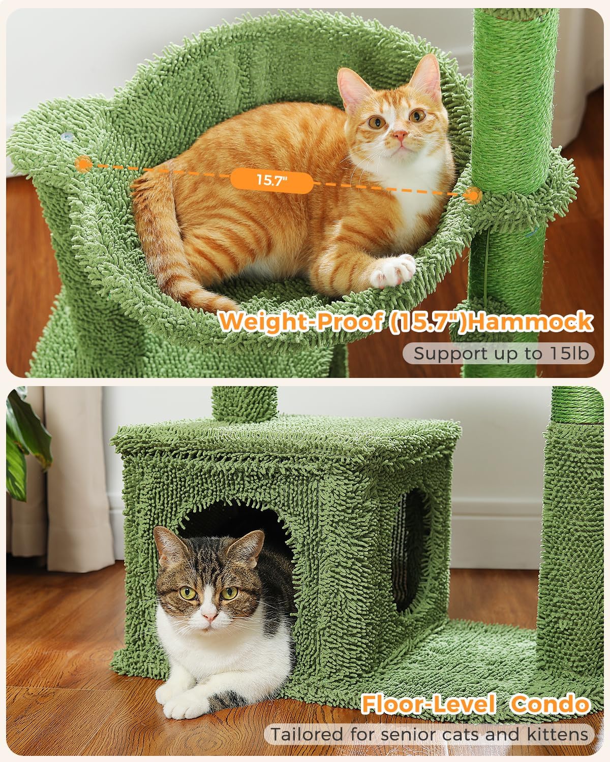 MUTTROS 40" Cactus Cat Tree with Hammock, Condo & Sisal Post, Green