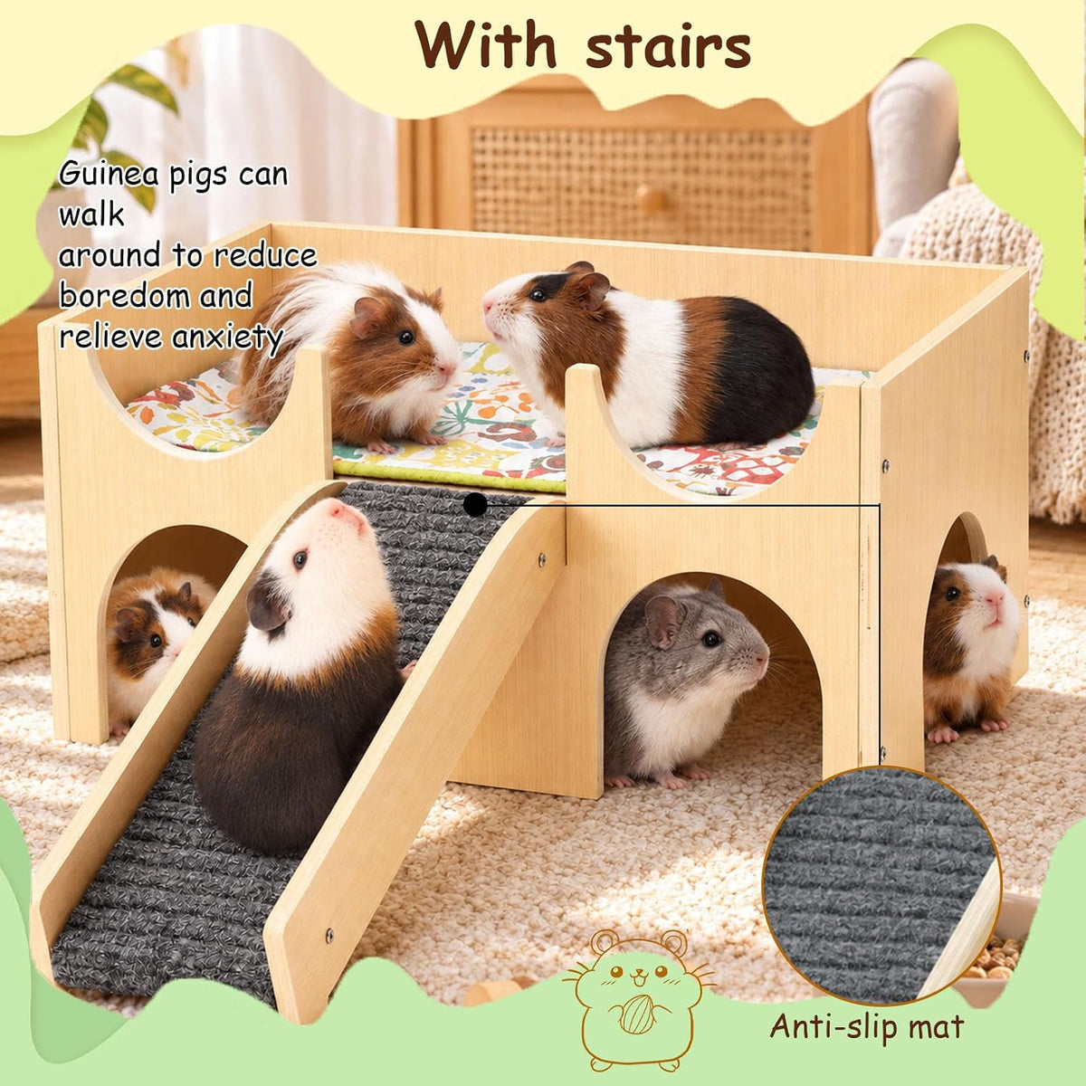 Wooden Guinea Pig Hideout & Castle-Shape Guinea Pig House, Easy to Assemble