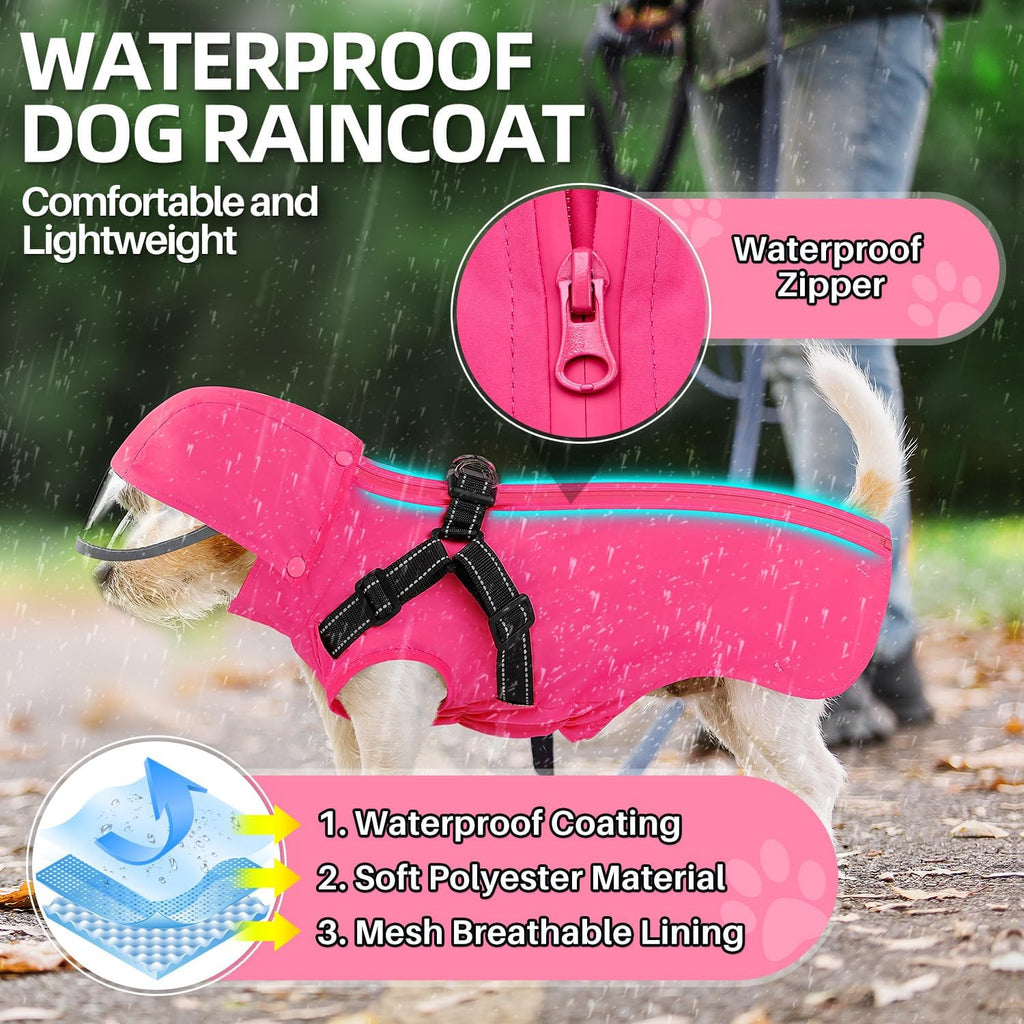 Lukovee Dog Raincoat, Waterproof Jacket with Harness & Removable Hood, M