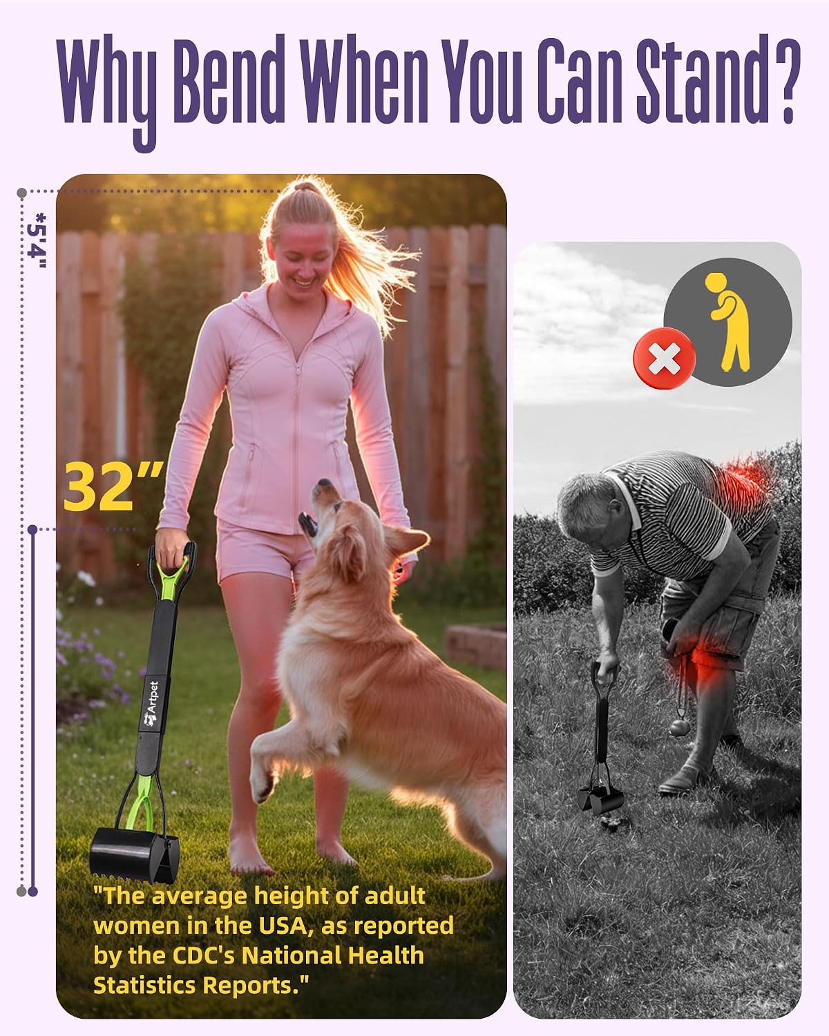 32" Dog Pooper Scooper, Long Handle Picker for Lawn & Yard
