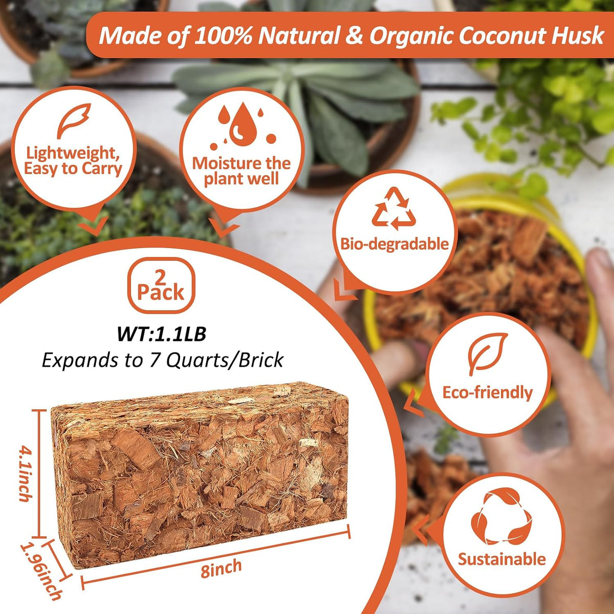 Riare 2 Pack Organic Coco Coir Chips for Plants, 2.2 lb Coconut Husk Bricks