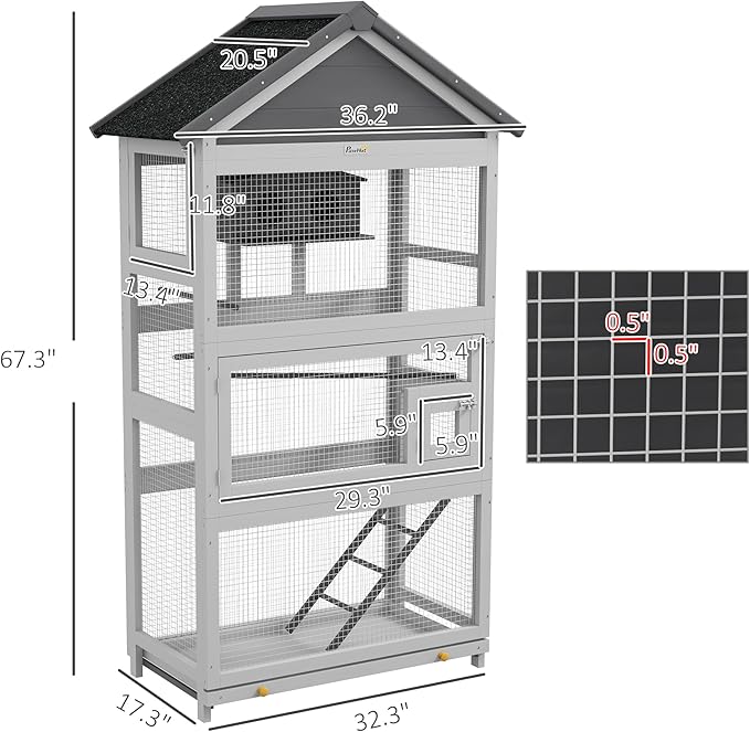 PawHut Wooden Bird Aviary, Three Doors, Perches - Image 7