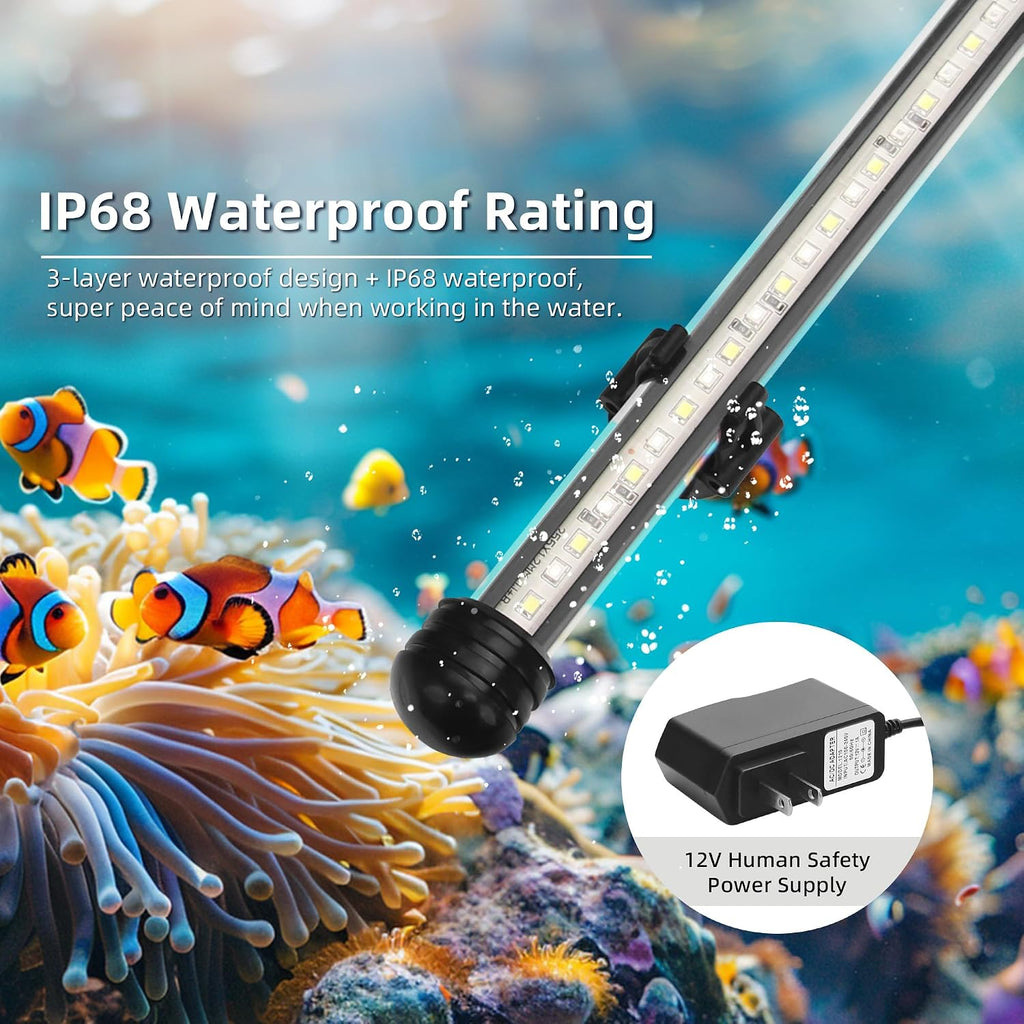 LED Submersible Aquarium Light 8W Underwater Fish Tank Light with Blue White&Blue and White Three Light Modes Timer Automatic On/Off and Dimmer Brightness Adjustable (15inch)