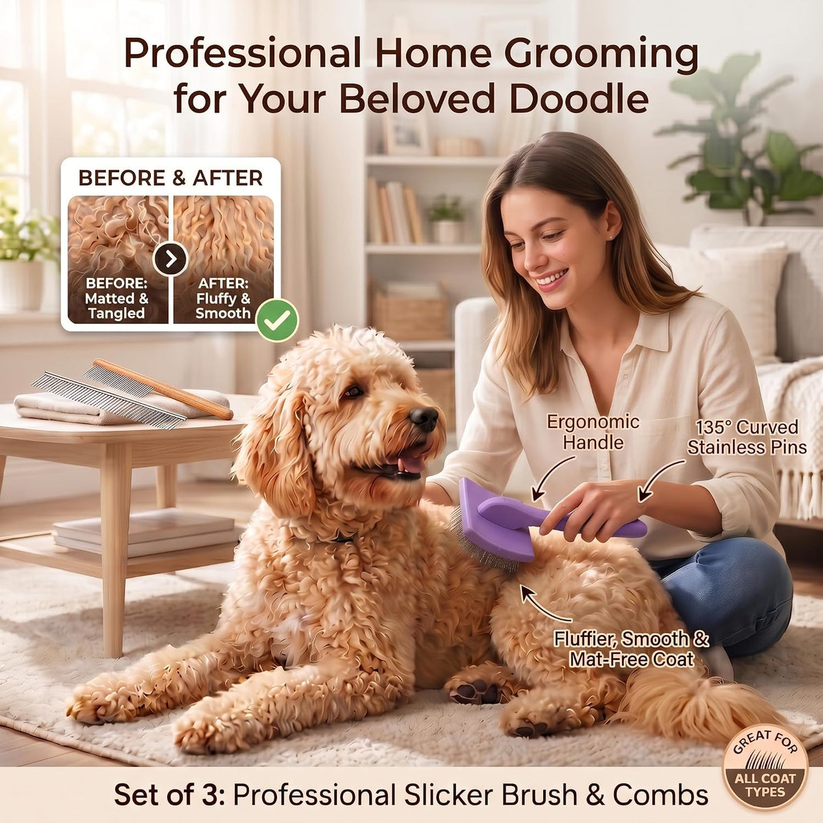 Slicker Brush for Dogs - 3-Piece Grooming Brush Set, Purple