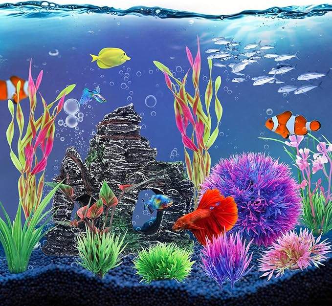 10pcs Aquarium Artificial Plastic Plants Decorations and Rock Cave Decor Set - Image 3