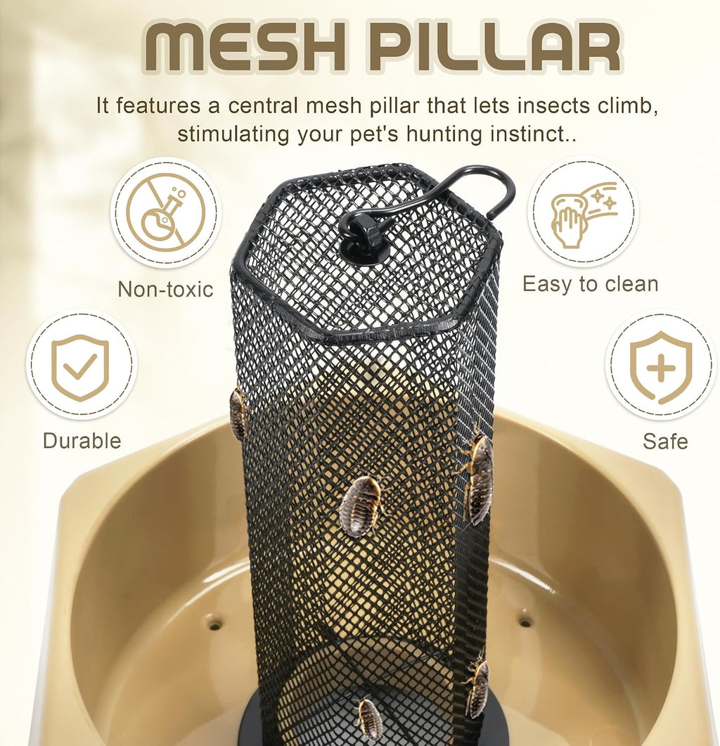Chameleon Feeding Bowl, Hanging Insect Feeder with a Pillar for Prey to Climb Up, Suitable for Chameleon, Bearded Dragon, Lizard, Iguana, Gecko(Khaki)