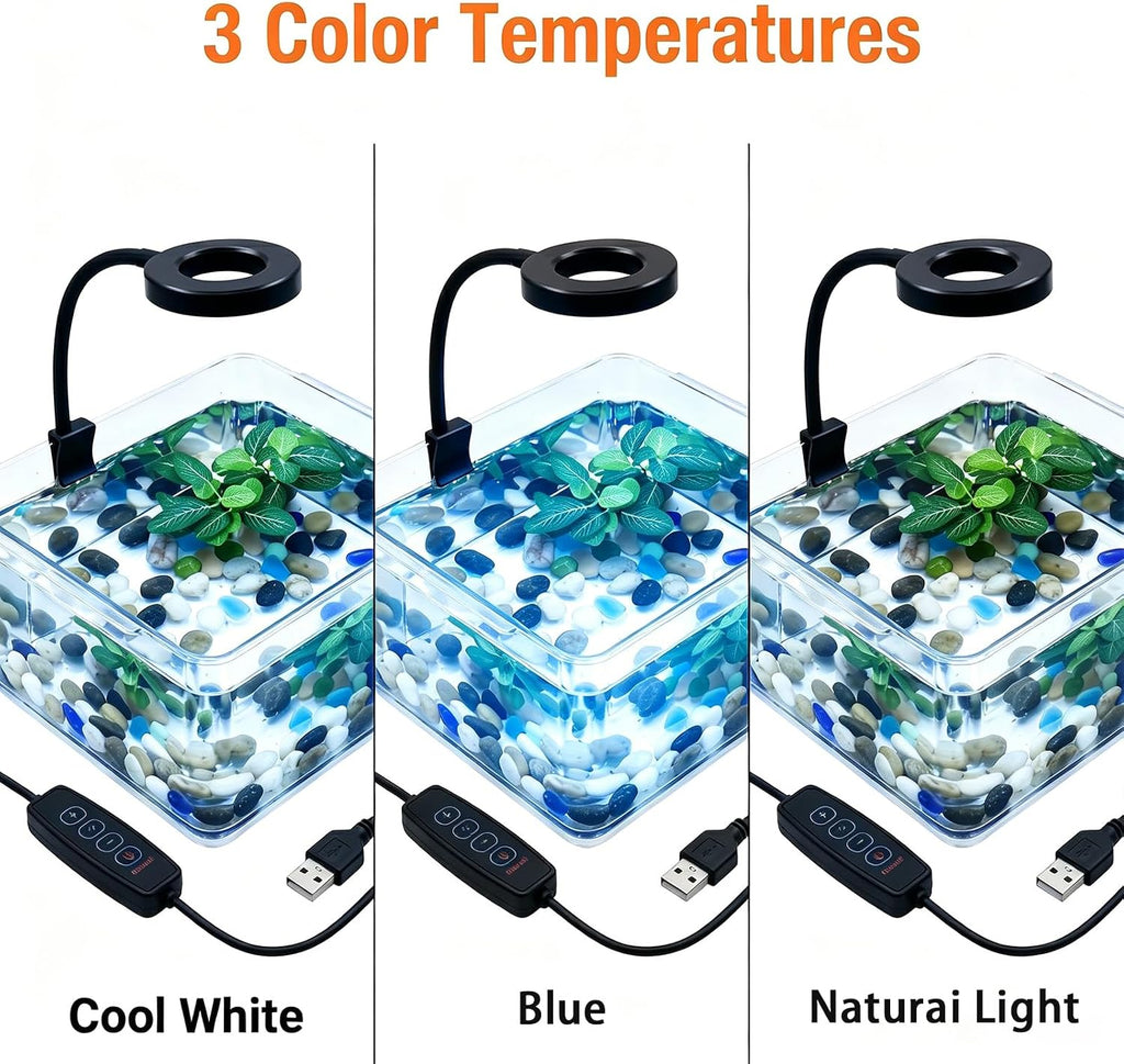 Small Aquarium Light Clip on Fish Tank Light LED USB Full Spectrum Light with Dimmer Multi-Color White+Blue+Red for 1-5 Gal Betta Tank (Adapter NoT Included, No Timer)