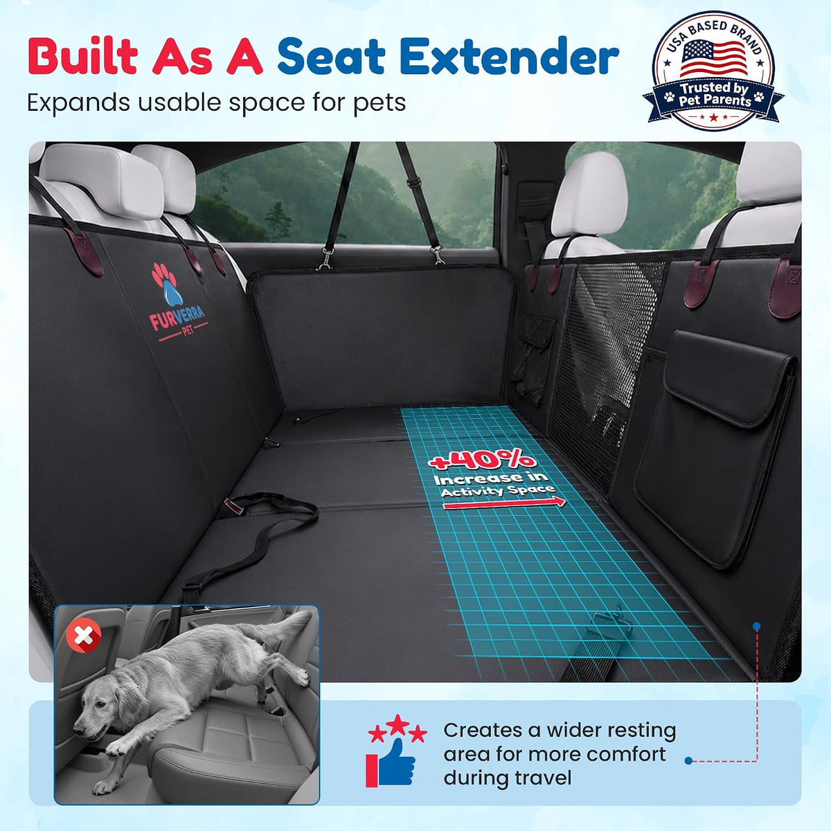 Back Seat Extender for Dogs with Hard Bottom, Dog Back Seat Protector with Silicon Pet Bowl, Mesh Window & Extra Pockets, Waterproof, Hammock Style, Anti Scratch, Holds up to 400lbs