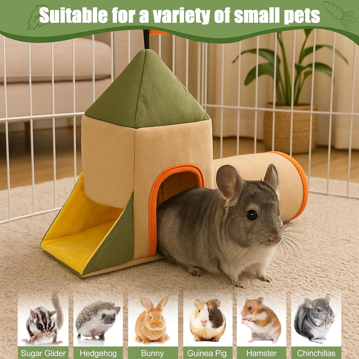 Guinea Pig Hideout and Toys, Castle Theme Small Pet Tunnel and Bed with Flag for Bunny Rabbit Ferret Hamster Chinchilla Hedgehog Hiding and Resting, 17.3in Long(Khaki)