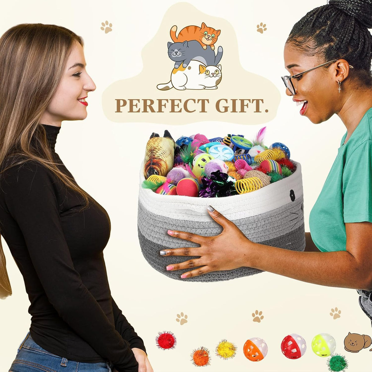Zopeal 58 Pcs Cat Toy Set with Storage Basket Indoor, Multicolor, 12 Inch