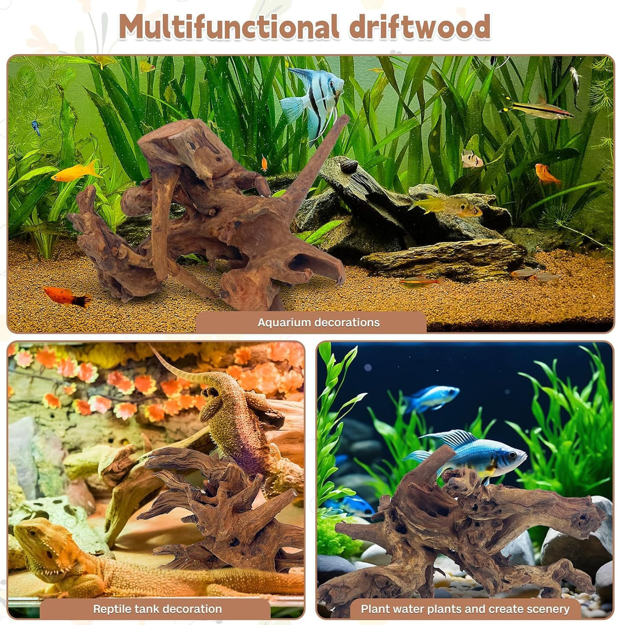 PINVNBY Natural Large Driftwood for Aquarium Fish Tank Decorations, Driftwood for Reptile Tank Bearded Dragon Tank Accessories Terrarium Decor (10 to 14 inches / 2 Pack)