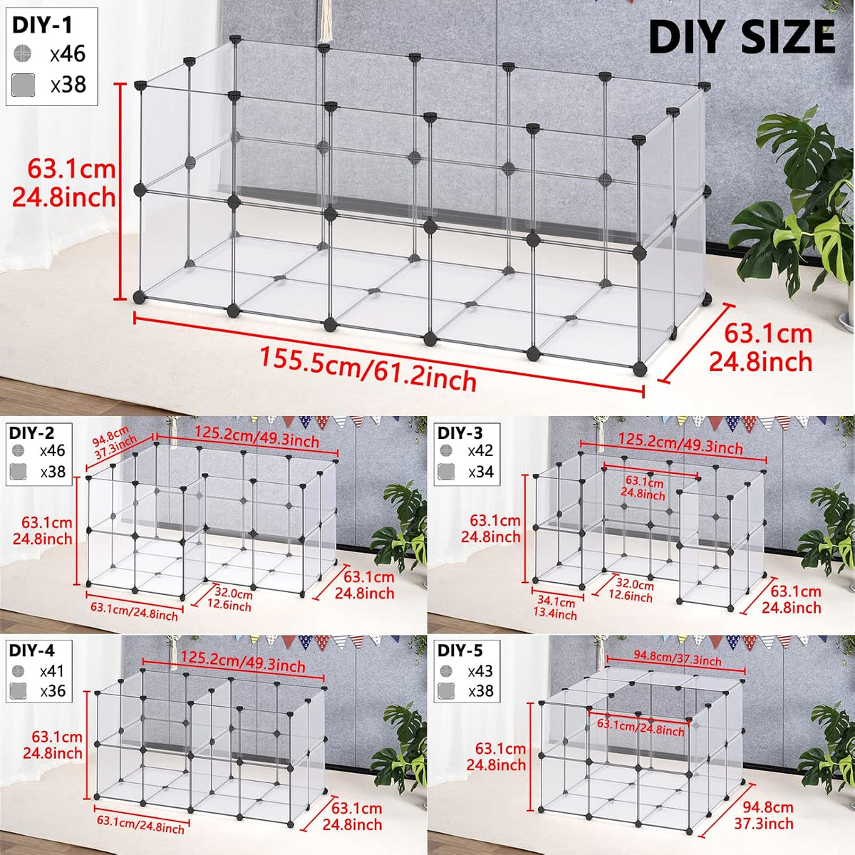 DINMO 38 Panels Bunny Playpen with Floor, Plastic, 61.2"L x 24.8"W x 24.8"H