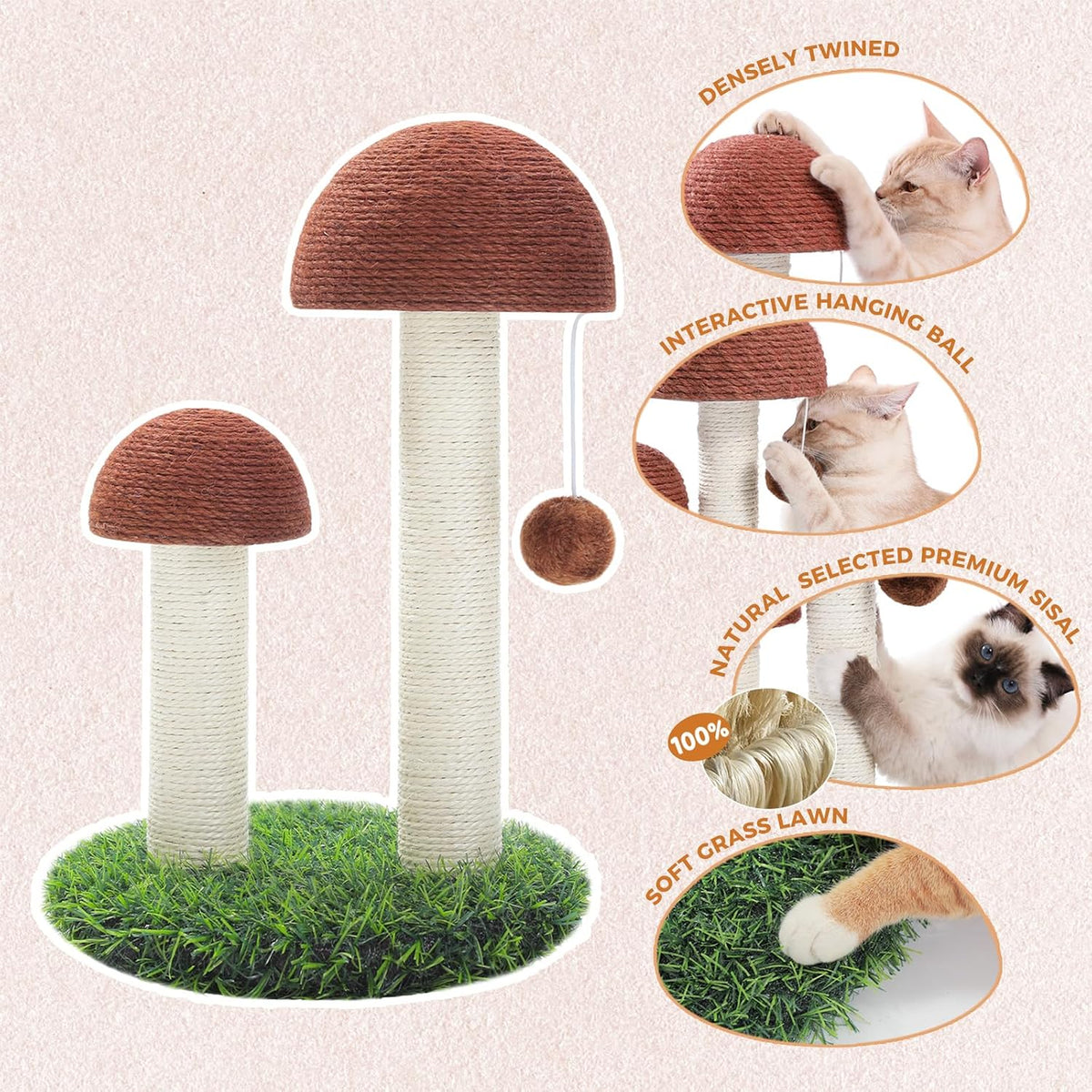 PETEPELA Mushroom Cat Scratching Post for Kittens & Small Cats, Brown
