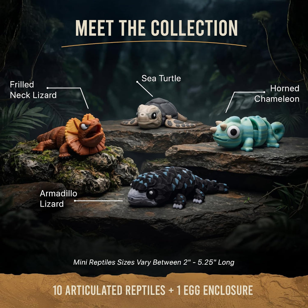 Reptile Collection Series 2 with Crocodile Egg Hatchery - 10 Articulated 3D Printed Mini Lizards, Snake & Turtles, Miniature Shelf Display for Reptile Enthusiasts, 3D Printed Lizard and Snake Set