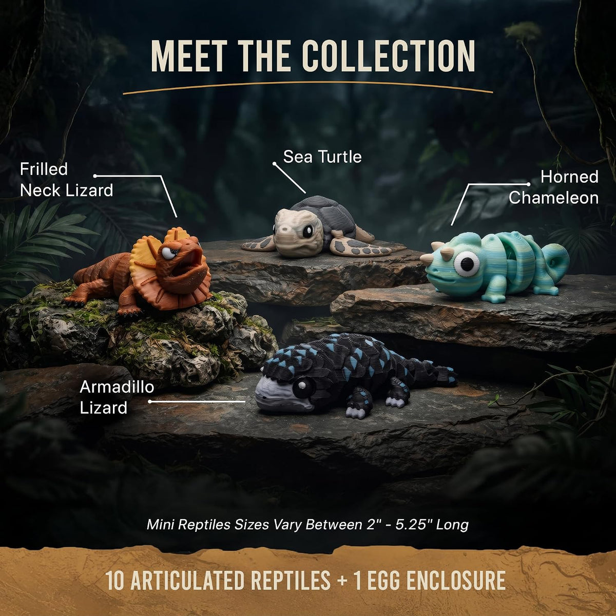 Reptile Collection Series 2 with Crocodile Egg Hatchery - 10 Articulated 3D Printed Mini Lizards, Snake & Turtles, Miniature Shelf Display for Reptile Enthusiasts, 3D Printed Lizard and Snake Set