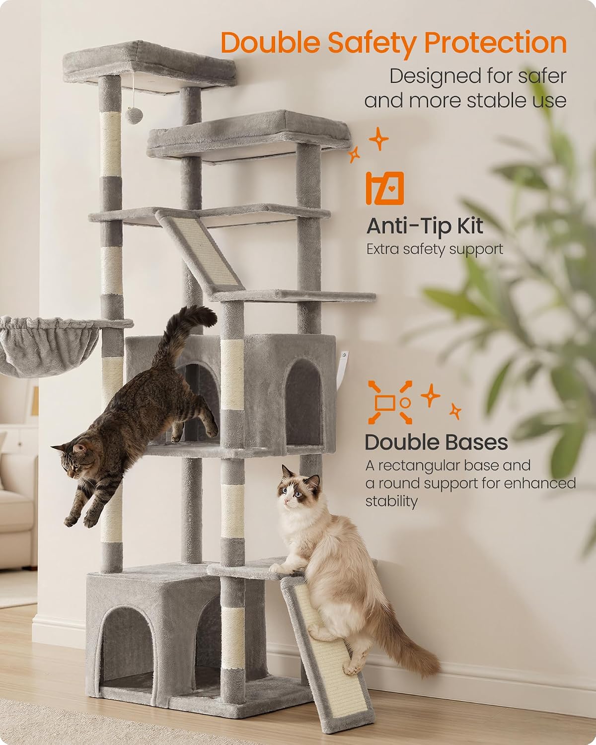 Feandrea Large Cat Tree, 72.6" Tall Sturdy Cat Tower for Indoor, Dove Gray