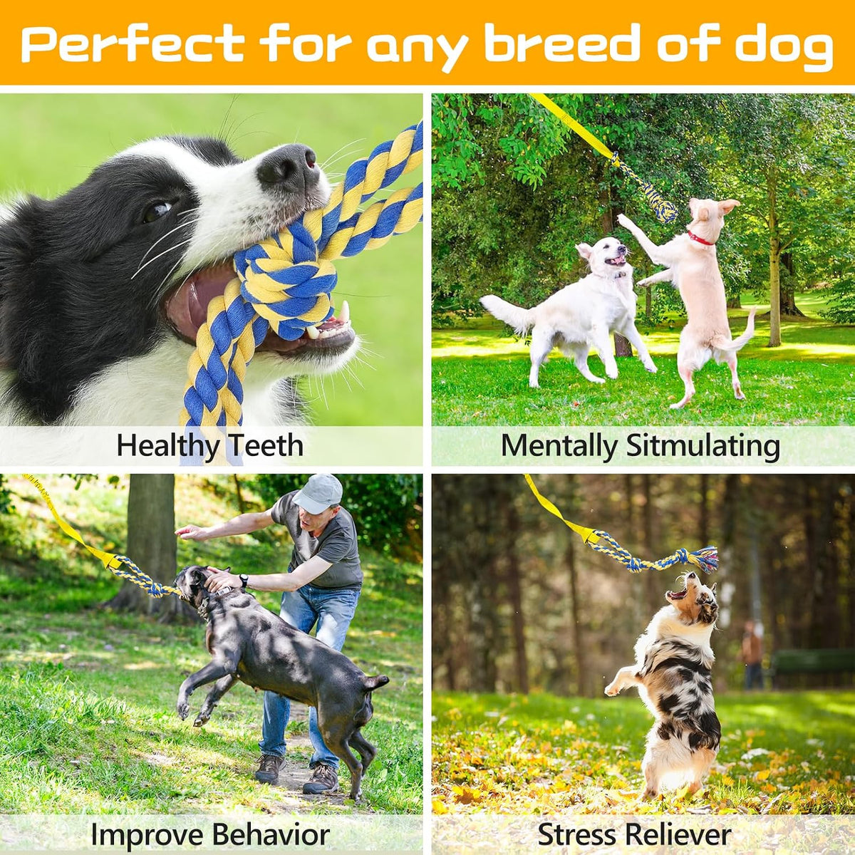 XiaZ Tug of War Dog Toy, Interactive Dogs Toy Bungee Hanging Tether with 2 Chew Rope Toys, Heavy Duty Puppy Outdoor Activity Aggressive Chewers Best Small to Large Boredom Exercise and Play (Yellow)