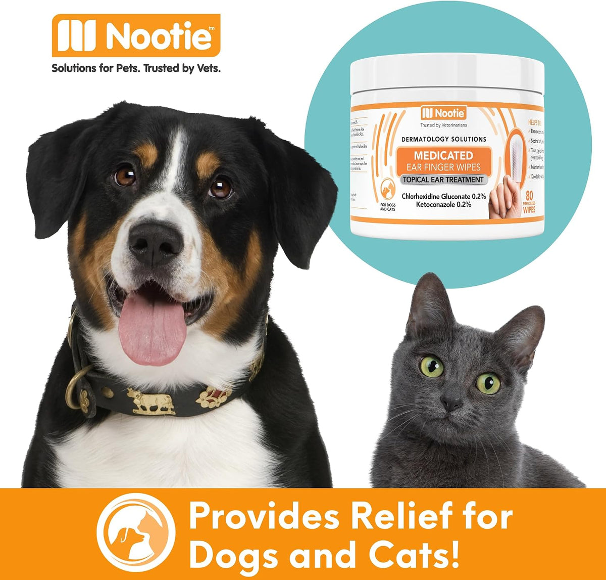 Nootie Medicated Ear Finger Wipes with Chlorhexidine for Dogs, Made in USA