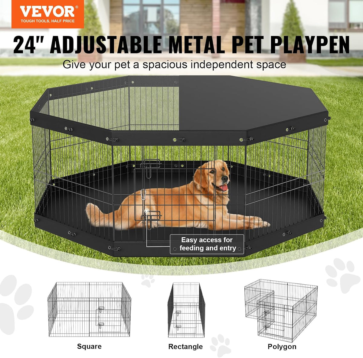 VEVOR 24" Dog Playpen, 8-Panel Foldable Metal Pet Pen with Top Cover & Pad