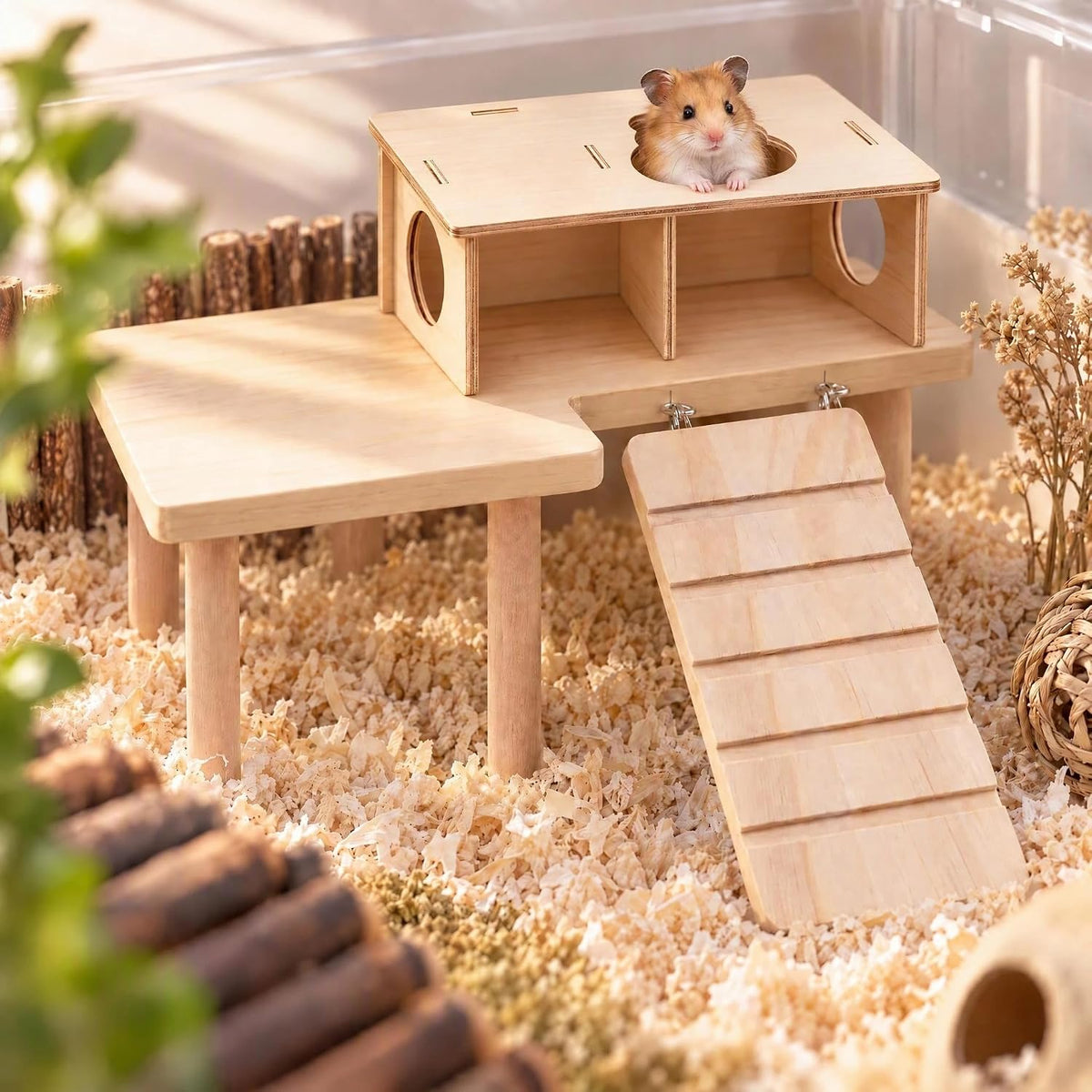 Hamster Hideout and Platform Set, Wooden 2-Chamber Hamster Tunnel