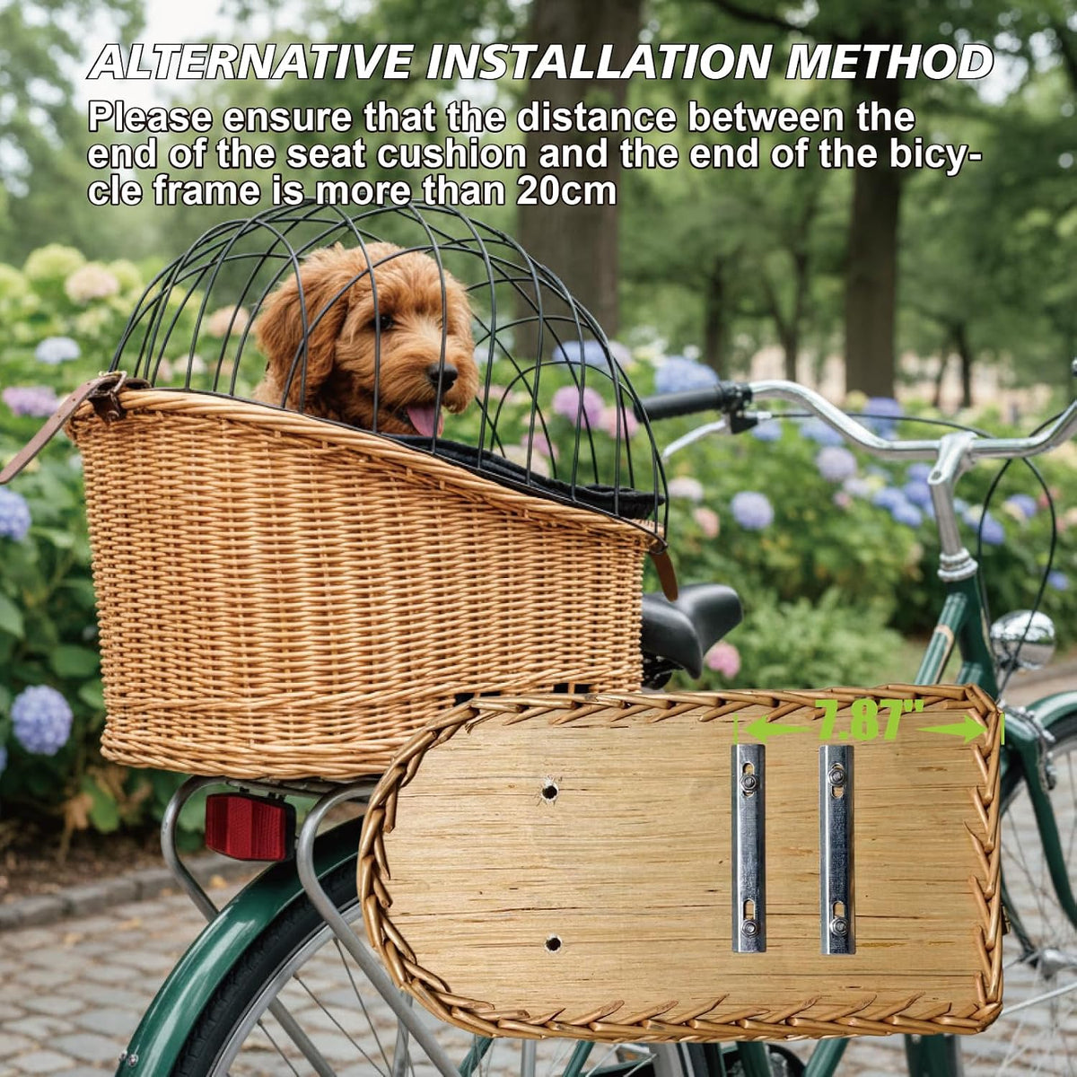 Rear Bike Basket for Dogs, Wicker Pet Bicycle Carrier for Small Dog Cat with Protective Grille Liner Eco Friendly Natural Rattan Doggy Back Luggage Rack Seat (Brown Style1)