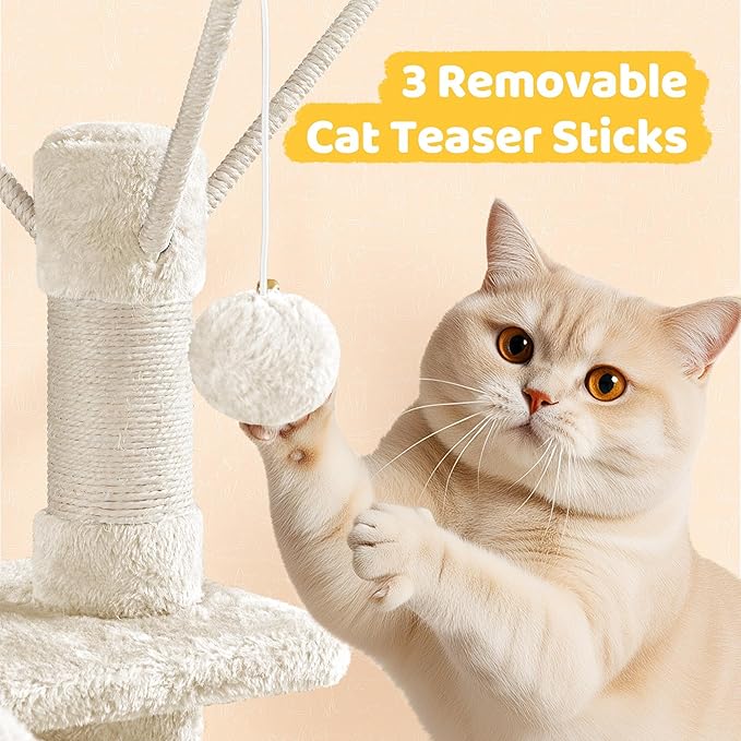 Yaheetech Cat Tree, 67in Large Tower w/ 3 Removable Teaser Sticks, 2 Kitten-Ear - Image 7