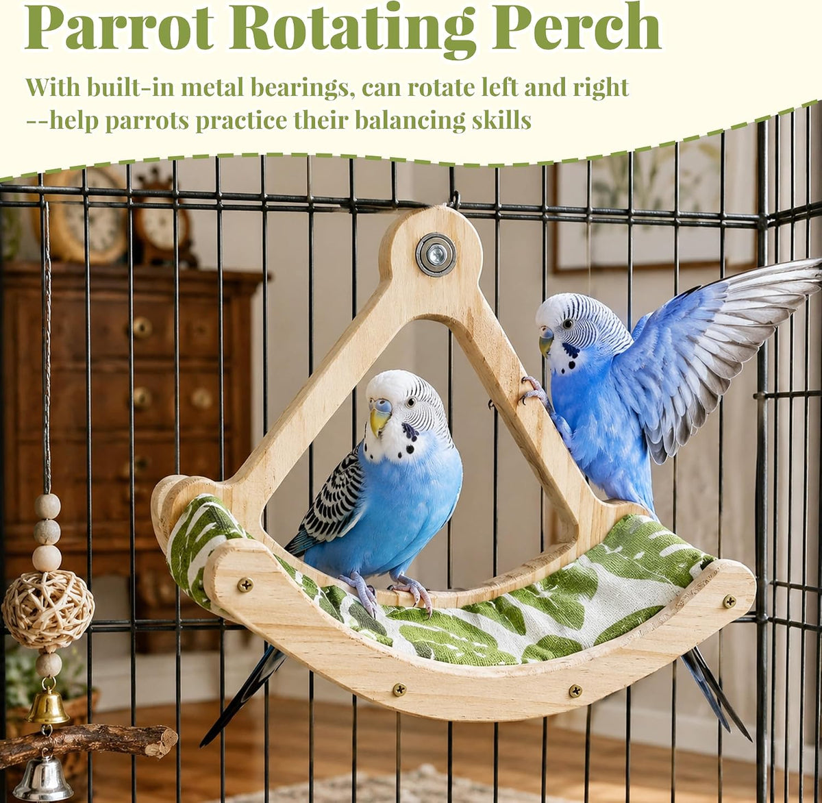 FlidRunest Upgrade Bird Perch Toy with Hammock, Interactive Rocking Parakeet Foraging Toys Green Fabric Mat Hammock, Wooden Exercise Wheel Birds Enrichment Toy Cage Accessories for Budgies Conure