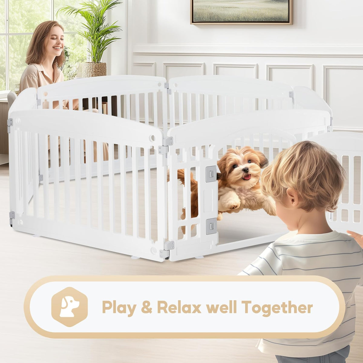 Simple Deluxe 24" 6-Panel Dog Playpen, Durable Pet Playpen with Secure Locking Door for Puppies & Small/Medium Dogs, Portable & Foldable Pet Fence, White