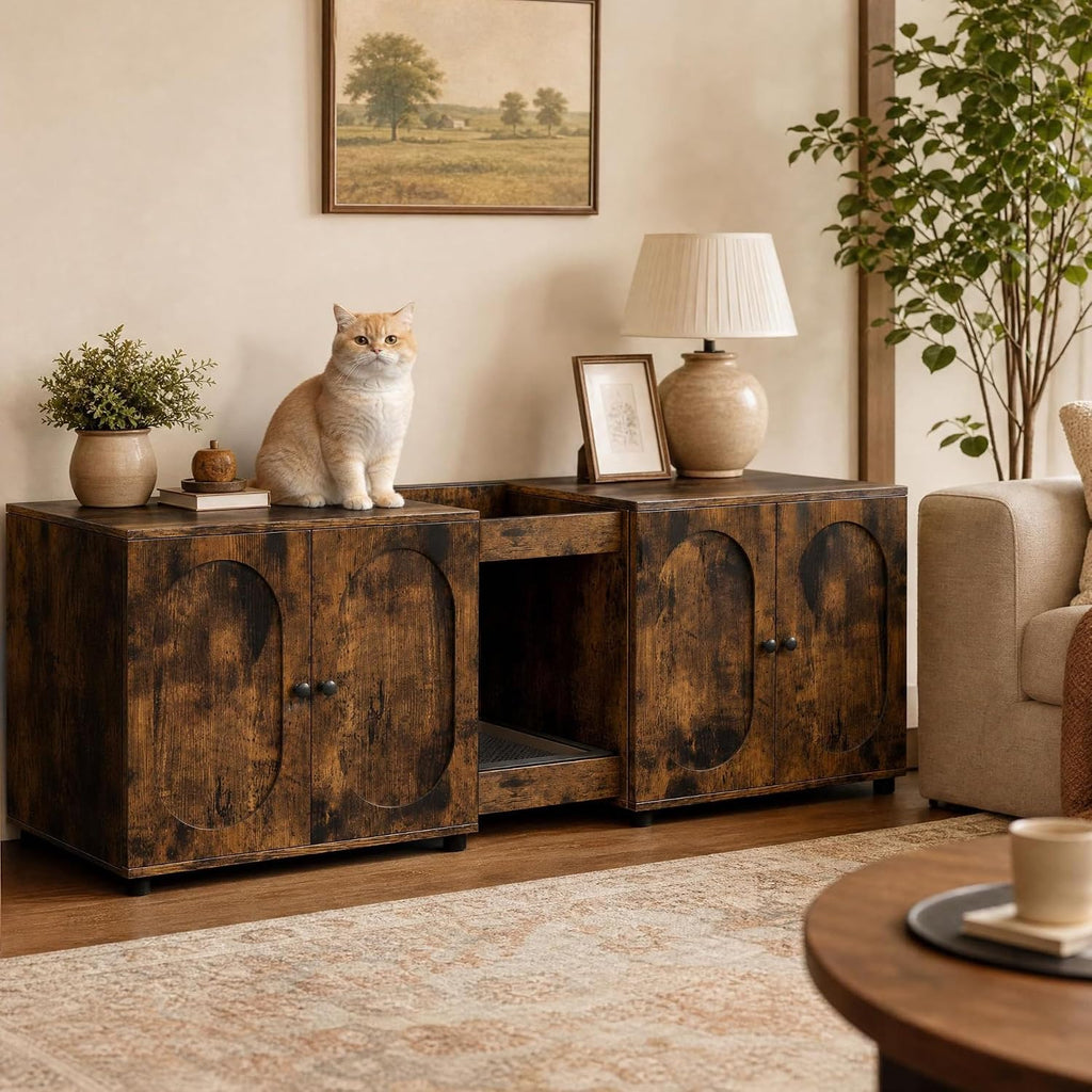 Garvee 55.1" Double Litter Box Enclosure, Retro Cat Box Furniture for 2 Cats, Cat Litter Box Furniture Hidden with Cat Scratch Pad, Large Indoor Pet House with Double Room, Retro Brown Color