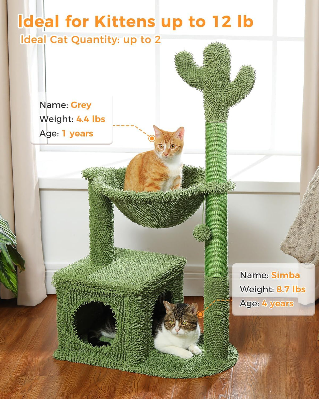 MUTTROS 40" Cactus Cat Tree with Hammock, Condo & Sisal Post, Green