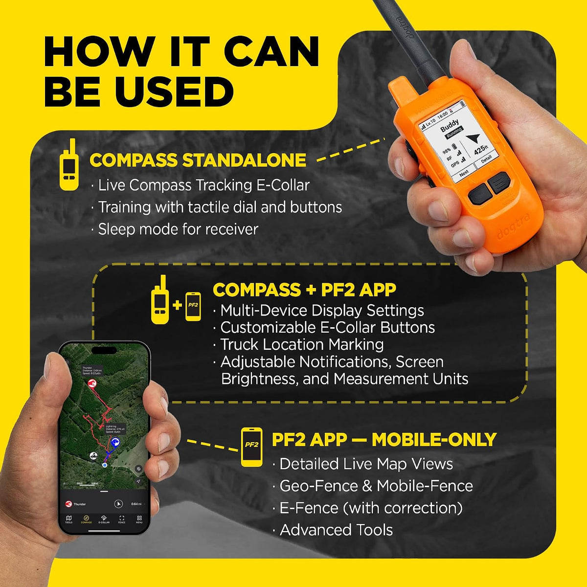 Dogtra PATHFINDER2 Compass Handheld Only - Live GPS Dog Tracking & Training E-Collar Remote (Requires Receiver), Built-in 2" LCD, No Subscription Required, 4 or 9-Mile Range, Expandable to 21 Dogs