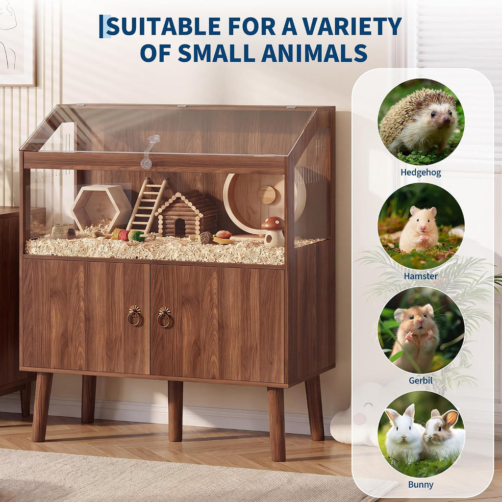 Patikuin Large Hamster Cage Enclosure, Acrylic Small Animal Habitat with Storage Stand, Lockable Top & Ventilation, for Hamster, Guinea Pig, Rat, Hedgehog, Gerbil, Walnut