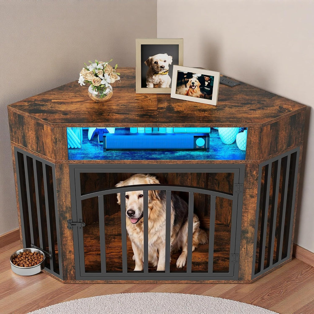 DWVO 52" Corner Dog Crate with Bowl & LED Light & Power Outlets