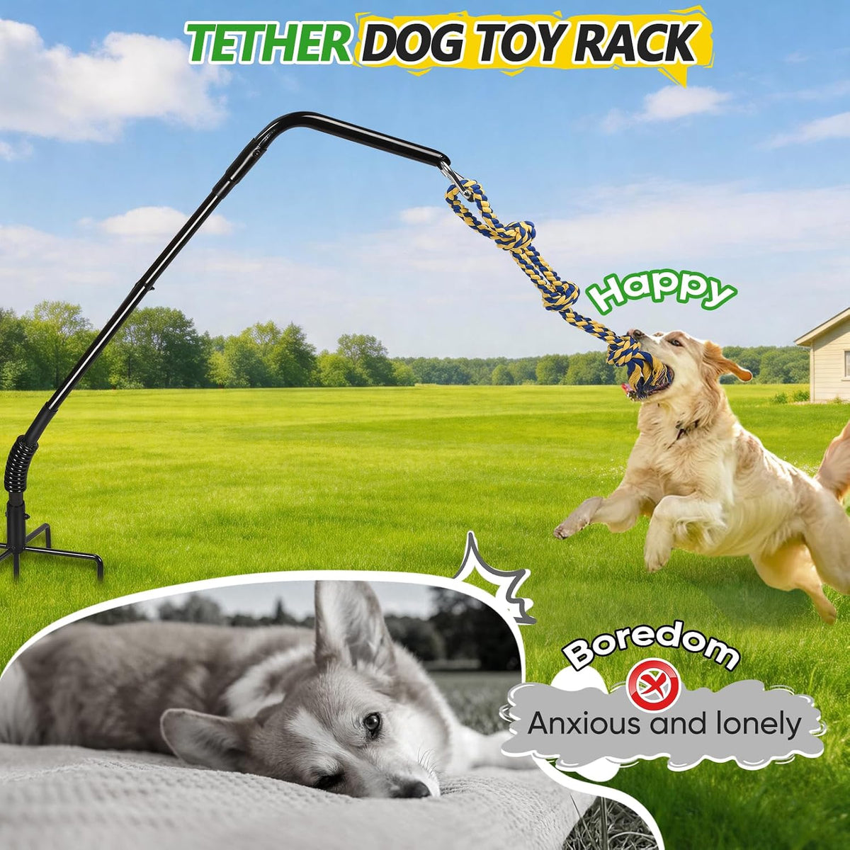 HVDI Tether Dog Toy Rack with 3 Tug Rope Toys, Dog Rope Play Spring Rack and Interactive in Yard, Park, Lawn, Adjustable Height Suitable for Large, Medium, Small Dogs (55 Inches)