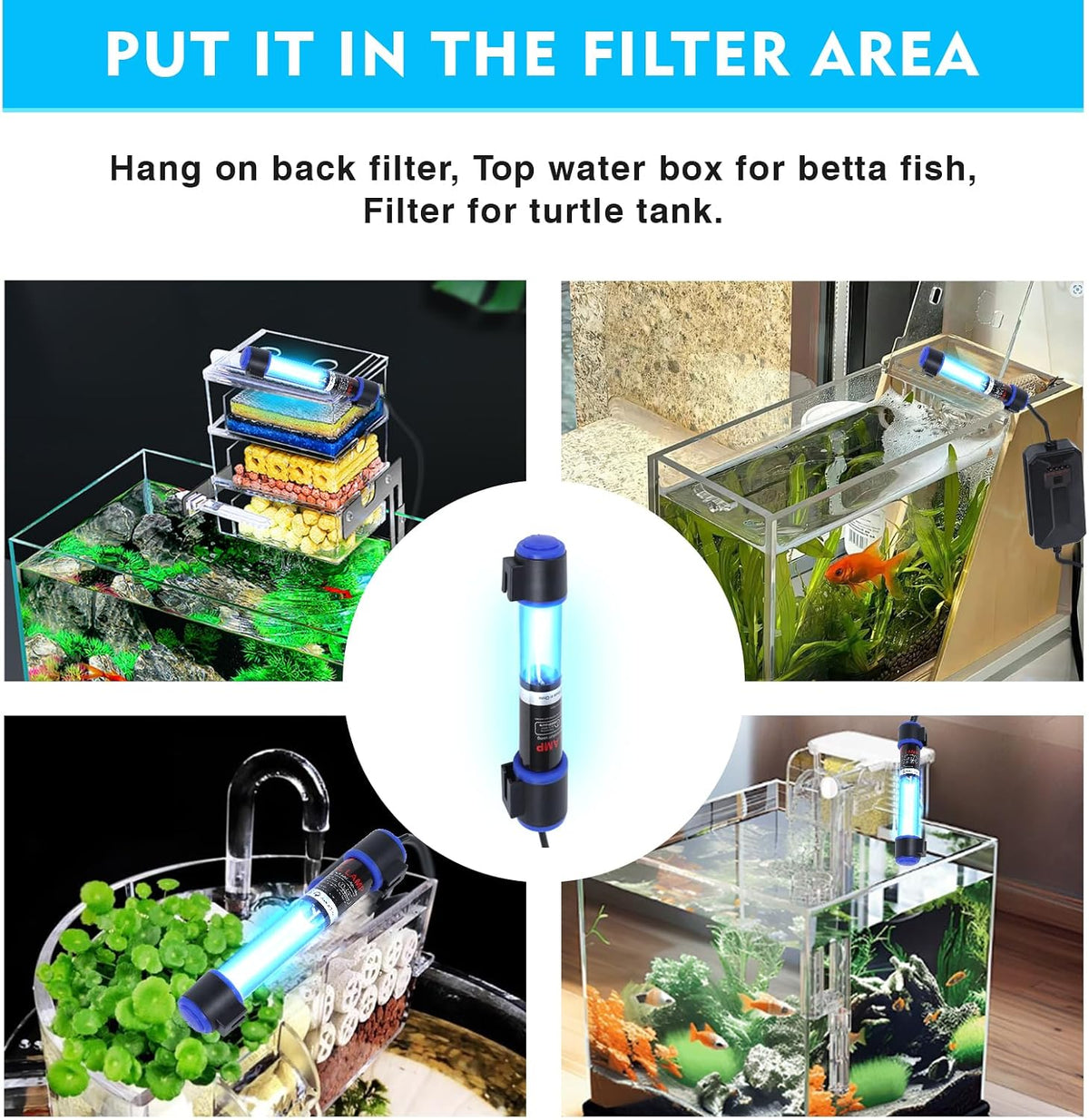 UV-C Aquarium Clean Light with Timer, Mini 3W 5W 7W 9W 11W Submersible Algae Clean Light Water Green Clean Fish Tank Water Clean Lamp for Sump Pond Filter Tank (5W Timer)