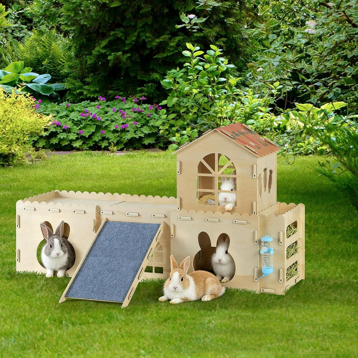 Rabbit Castle Wooden Bunny House,2-Level Small Animal Habitat with 4 Houses,Ramp,Mat,Hay Feeder,Indoor Hideout for Rabbits,Guinea Pigs & Chinchillas (43.3"x11.4"x24")