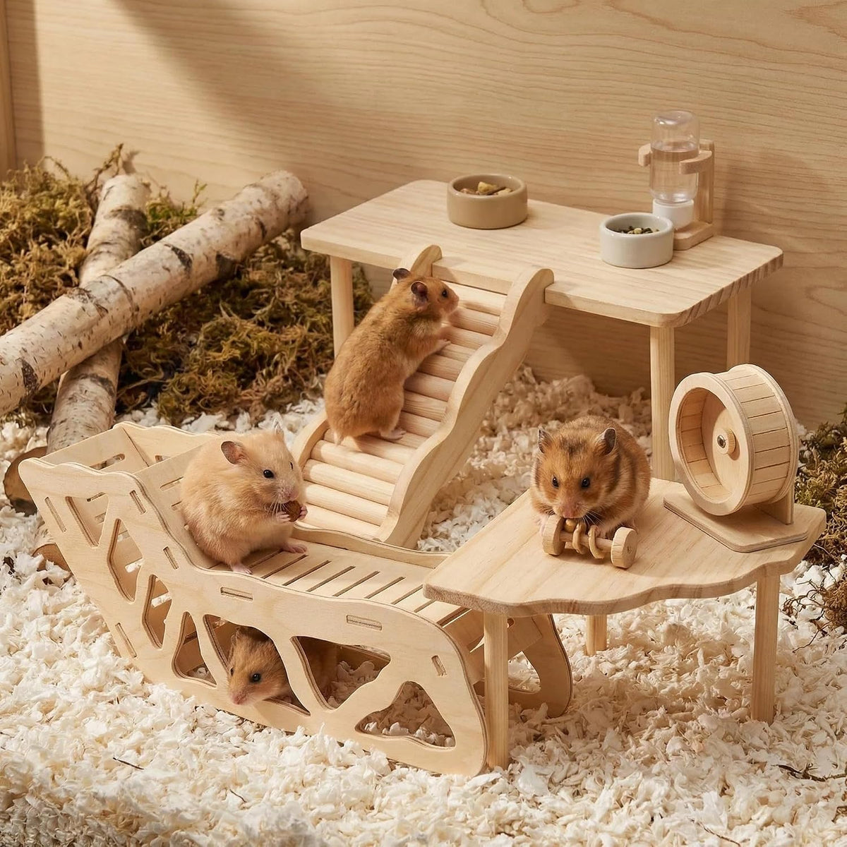 4 Pcs Hamster Platform Wooden Tunnel Ladder Hidden Play House Hamster Game Climbing Toy with Platform, Decor Toy cage Accessories for Dwarf Syrian Mice Degus Gerbils Squirrel and Other Small Pets