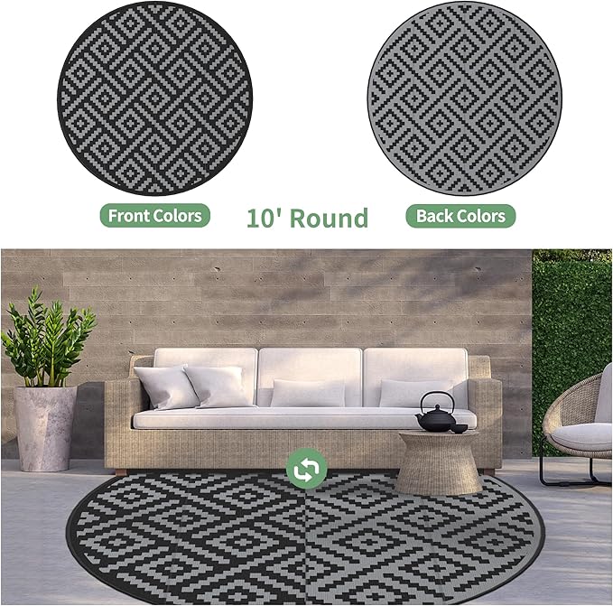 GENIMO 10' Round Outdoor Rug for Patios Clearance, Reversible Plastic Straw Rugs - Image 2