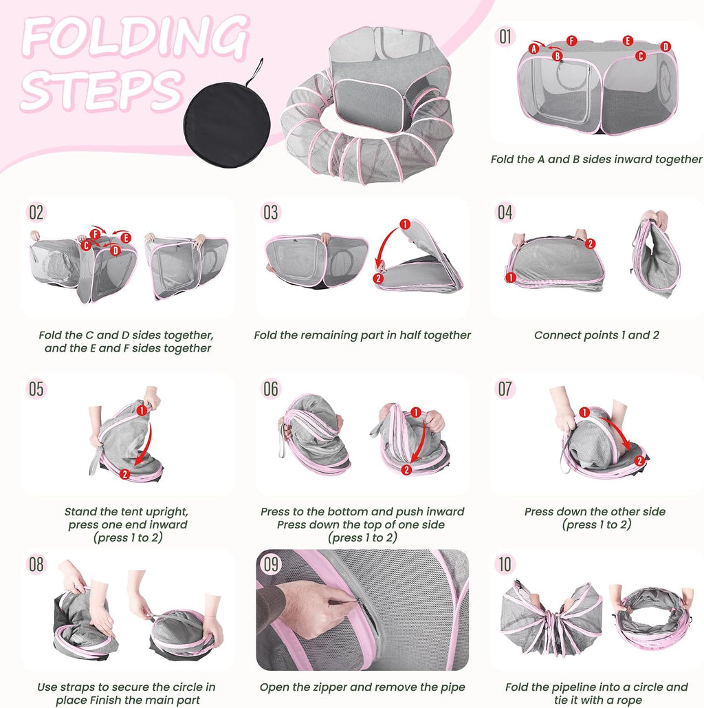 X-ZONE PET Portable Catio Playground, Outdoor Cat Enclosure, Enclosed Tent Playpen Tunnel for Indoor Cats & Small Animals, with Bag Storage 45 Inch Pink