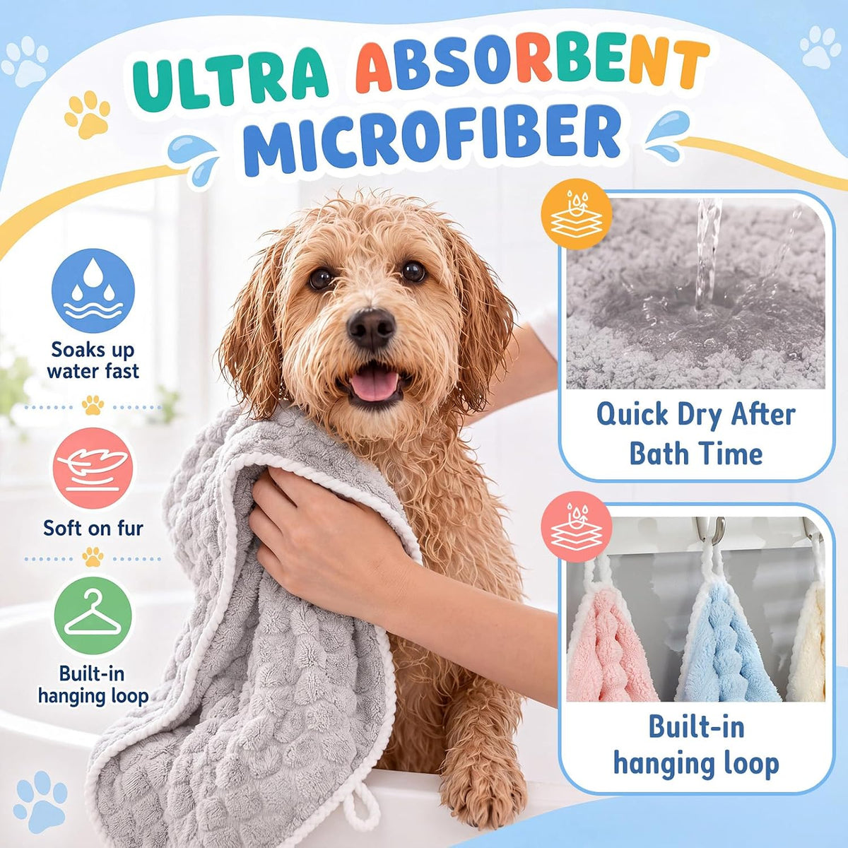 Dog Drying Towel, 5 Pack Microfiber Pet Towels, Quick Dry