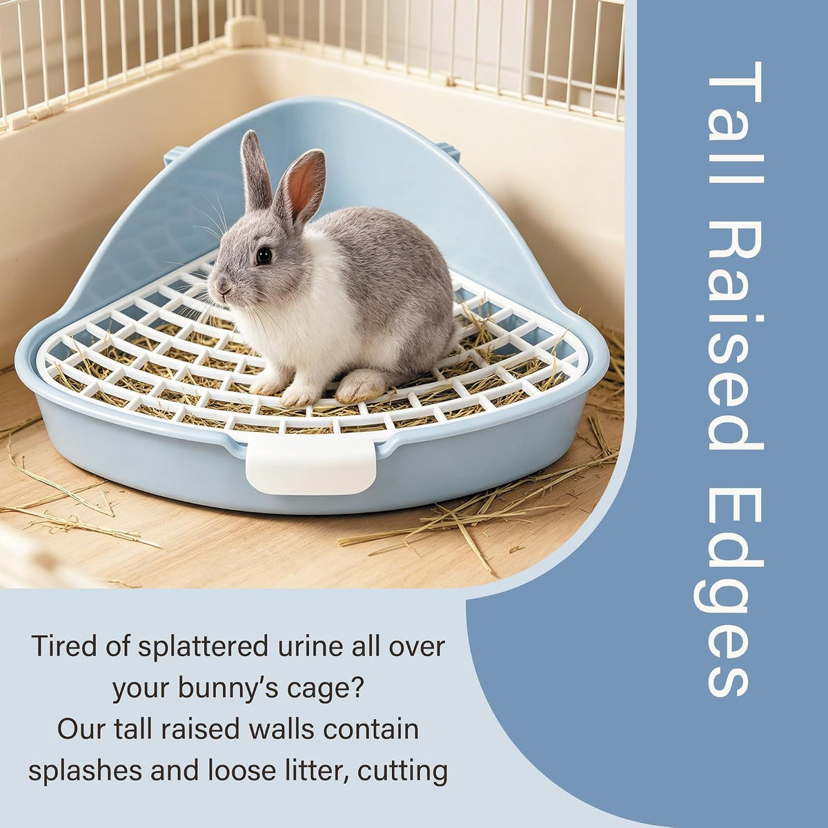 Rabbit Litter Box Triangle Corner Potty 7.5 x 7.5 x 4.0 Inches Anti-Splash High Back Dual Clips Detachable Grid Easy Clean Tray for Bunny Hamster Syrian Hamster Hedgehog & Small Pets, Blue